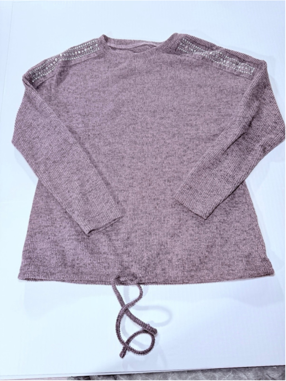 mauve long-sleeve sweater with drawstring tie and sequin details on sleeve sz S